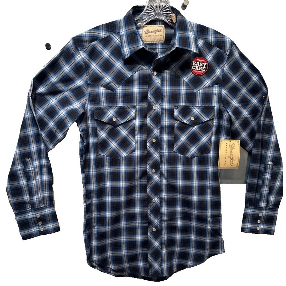 Wrangler Western Pearl Snap Cowboy Long Sleeve Blue/Gray/Black Plaid Shirt S NEW - Picture 2 of 16
